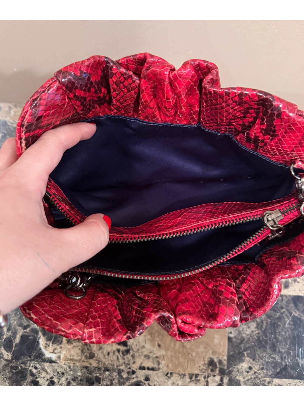 Henri Bendel Red Snakeskin Print Shoulder Bag/Clutch - Gunmetal Hardware - Picture 11 of 15